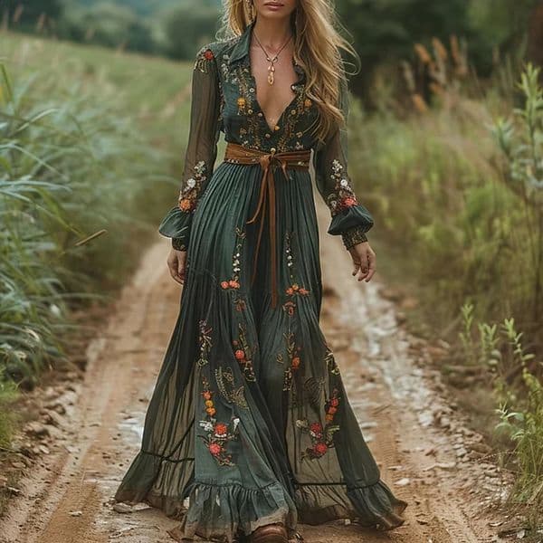 Vintage Pattern Printed Long Sleeved Womens Dress Casual V-neck High Waist Pleated Autumn Dress Elegant Loose Bohemian Dresses 260317