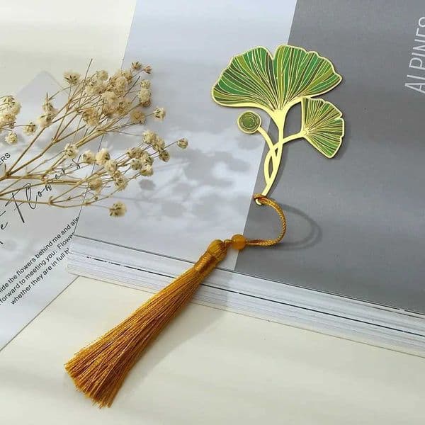 Lotus Leaf Lotus Leaf Vein Metal Bookmark Metal Flower Chinese Style Bookmark Leaf Tassel Green Leaf Bookmark School Office S26317
