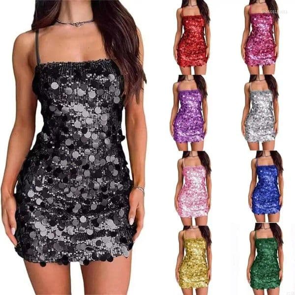 Casual Dresses 573B Women's Sequined Spaghetti Strap Bodycon Mini Dress Strappy Backless Sparkling Evening Gown For Parties And Night Out