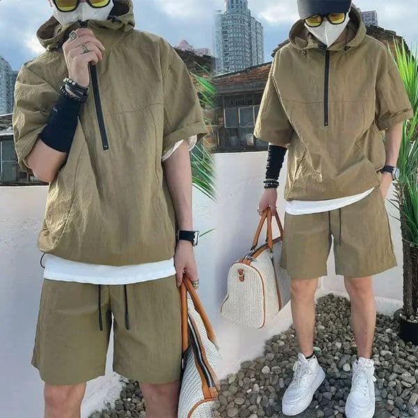 Summer Cargo Style Set Mens Casual Hooded Solid Short Sleeve T-shirt Shorts Loose Fashion High Quality Handsome Sweatshirt Suit 260317