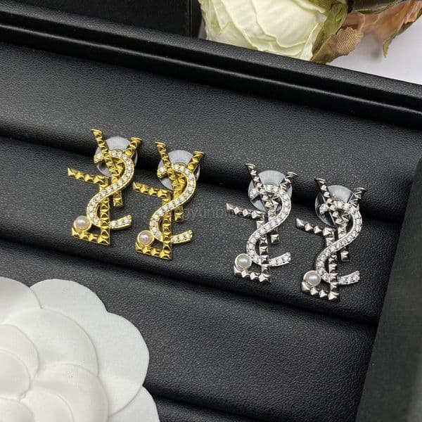designer earrings yslism earring Womens Stud Earrings with Full Diamond Pearl Design