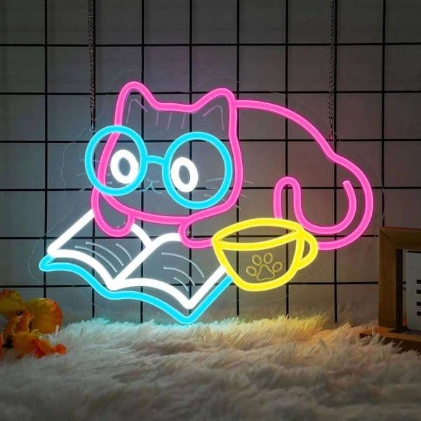 Reading Book Sign Cat Neon Light for Bookstore Library Classroom Bedroom Decor USB Dimmable LED Party Birthday Gift 26Y0317