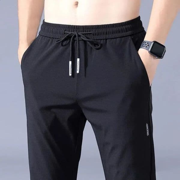 2025 Ice Silk Mens Pants Summer Black Gray Thin Business Casual Outdoor Elastic Breathable Straight Leg Sweatpants 260316