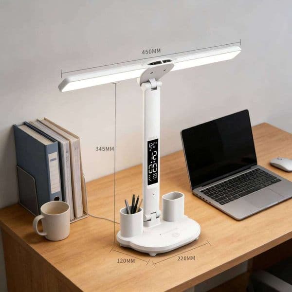 LED Table Double-Headed USB Chargeable Dimmable Desk Lamp with Calendar Clock Foldable Eye Protection Reading Night Light 26L0318