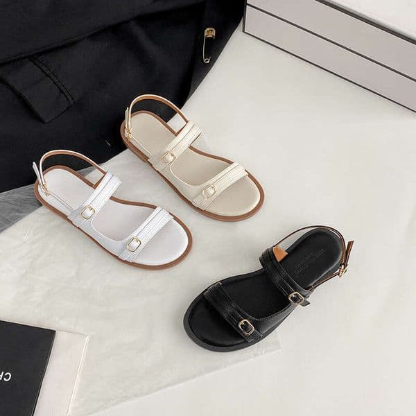 free shipping new Summer Simple Strap Roman Shoes Round Versatile Soft 77 Sole Flat Belt Buckle Open Toe Sandals