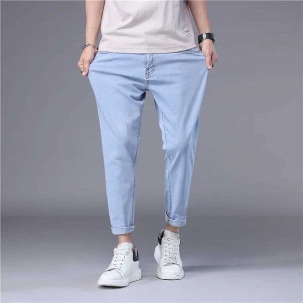 Summer Thin Mens Jeans Korean Style Blue Black Solid Color Stretch Straight Stylish Slim Fit Foot Denim Cropped Pants Male C260318