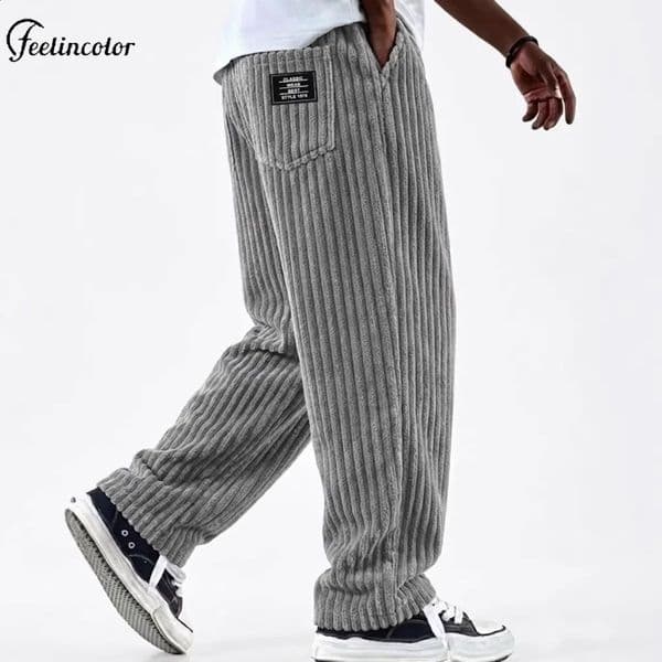 Retro Vertical Striped Mens Pants Corduroy Autumn Casual Pocket Trousers Loose Straight Bottoms Fashion Sports Male Clothing 260318