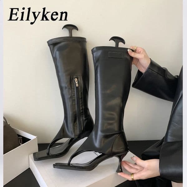 Eilyken Black Open Toe Clip-On Knee High Boots Women Modern Booties Thin Low Heels Side Zipper Spring Party Pumps Sandals Shoe 260317