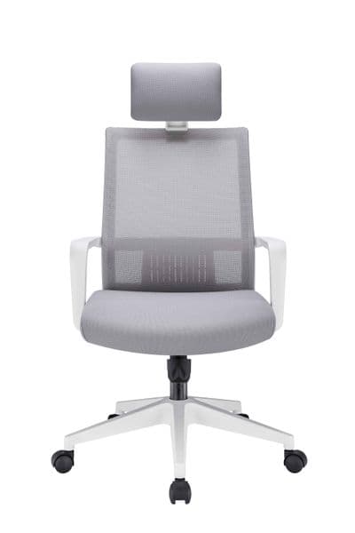 White Frame Gray Mesh Breathable Office Chair with Headrest, Fixed Armrest, Home Computer Staff Chair---604-4A