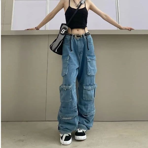 Trendy Womens Denim Workwear Street Style Black Grey Multi-Pocket Jeans American Casual High-Waist Functional n 260318