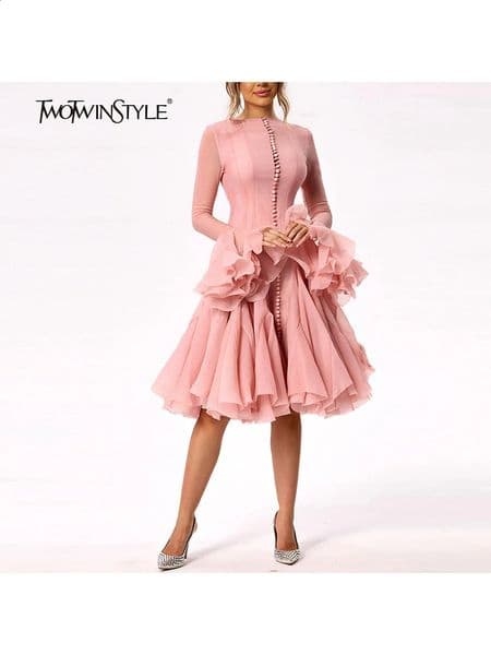 TWOTYLE Womens Dress Irregular Pleated Patchwork Fashion Long Lantern Sleeve Waist Cinching Mini Dresses 2024 Clothing 260227