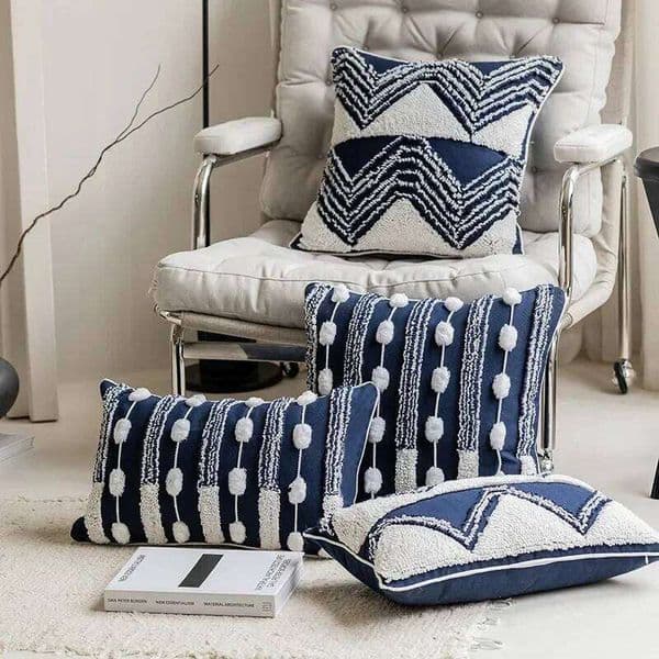 Boho Navy Blue Tufted Cushion Cover Geometric Loop Tufting Pillow Covers Plush Tassel Patchwork Decorative Pillows for Sofa 26W0318