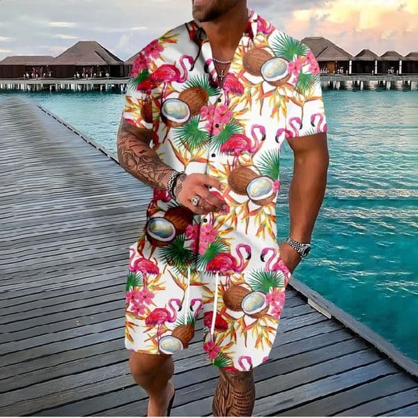 Hawaiian Flamingo Coconut Tree 3d Print Short Sleeve ShirtShorts 2Pcs Set Casual Beachwear Vacation 2 Piece Suits Men Clothing 260318