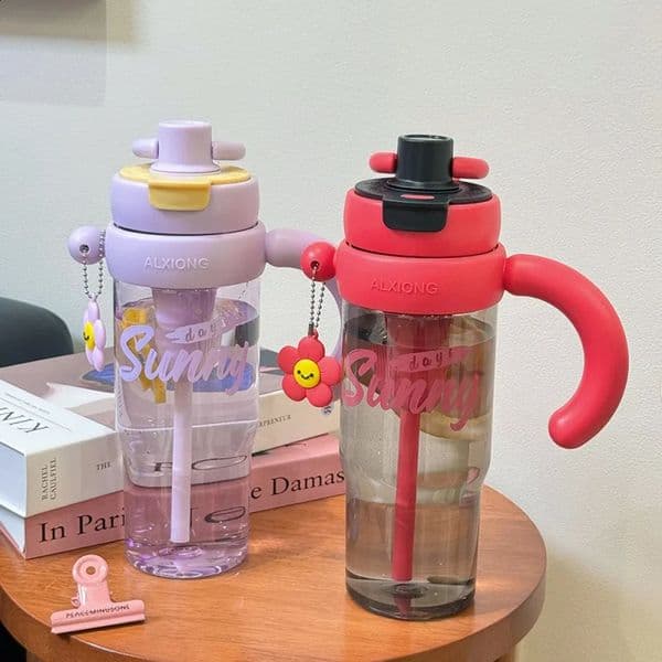Big Handle Tea Cup Cute Creative with Handle Easy To Carry Double Drinking Straw Direct Drinking Large Capacity Water Cup 260316