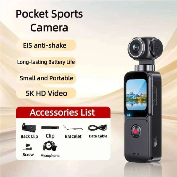 5K HD Pocket Action Camera 1.69-inch LCD Display Screen 270 Rotatable Wifi Vlog Recorder with ELS Anti-Shake for Bicycle Travel 26H0317