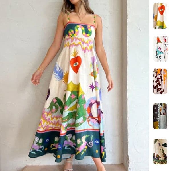 2026 Spring New Women's Clothing: Cross-Border European and American Dresses, Elegant High-Waisted Long Printed Strap Dress