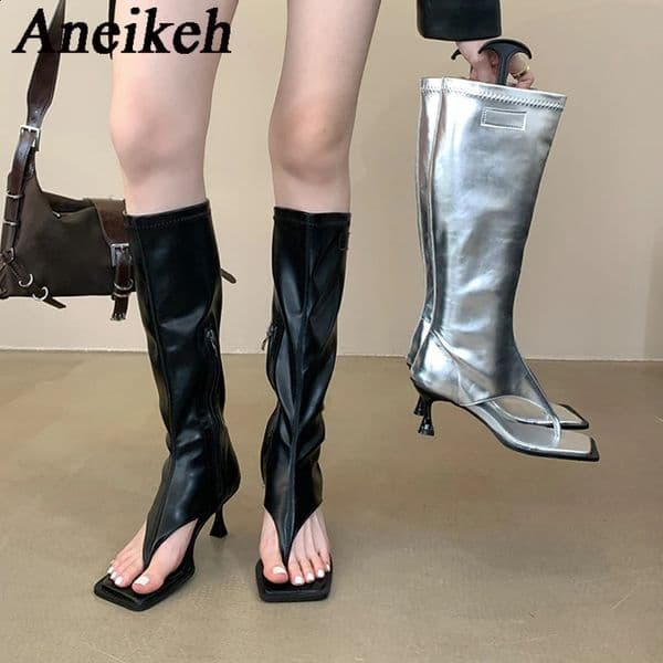 Aneikeh 2026 Sexy PU Square Head Clip Toe Sandals Boots Womens Thin Heel Side Zipper Sewing Chelsea Knee High Boots Party Ball 260317