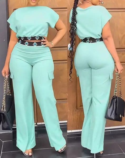 Two Piece Sets Women Outifit Summer Fashion Geometric Print Boat Neck Short Sleeve Crop Top Casual Pocket Daily Pants Set 260317