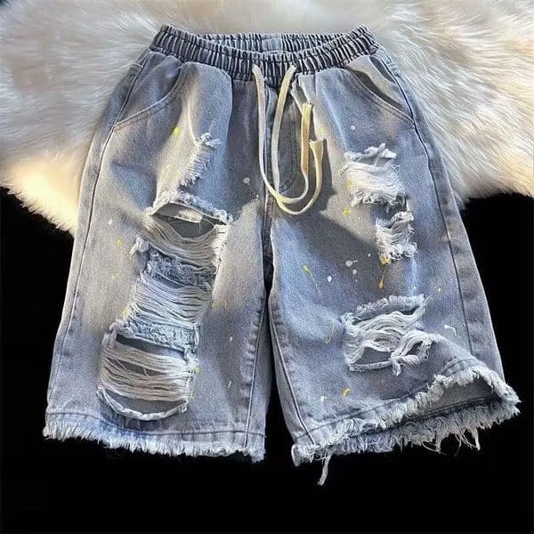 Hip Hop Ripped Denim Shorts Y2K Streetwear Men Vintage Destroyed Hole Baggy Jeans Pants Fashion Summer Loose Shorts Black 260316