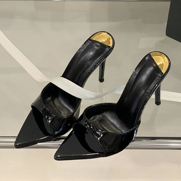 Summer White Patent Leather Women Slippers Sandals Sexy Leopard Print Pointed Toe Mules High Heels Party Stripper Shoes