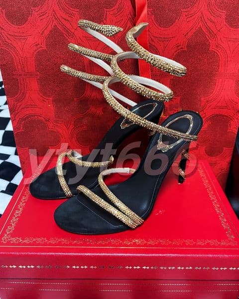 CA high heels Crystals Embellished rhinestone heels designer sandals Snake stiletto Heels women's high heeled Luxury Designers Ankle Wraparound Evening shoes TOP