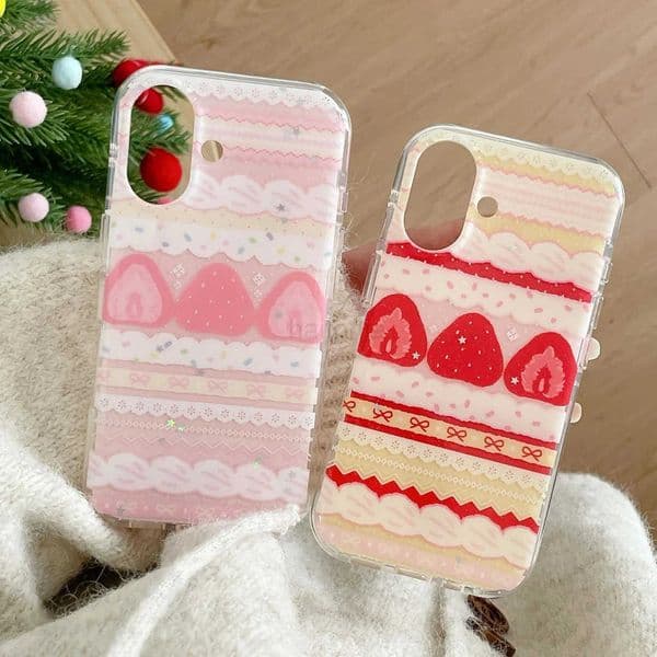Cute Sweet Girl Series Cream Strawberry Cake Lace Bowknot Shockproof Protective Phone Cover Case for iPhone 17 16 15 14 Pro Max H260318