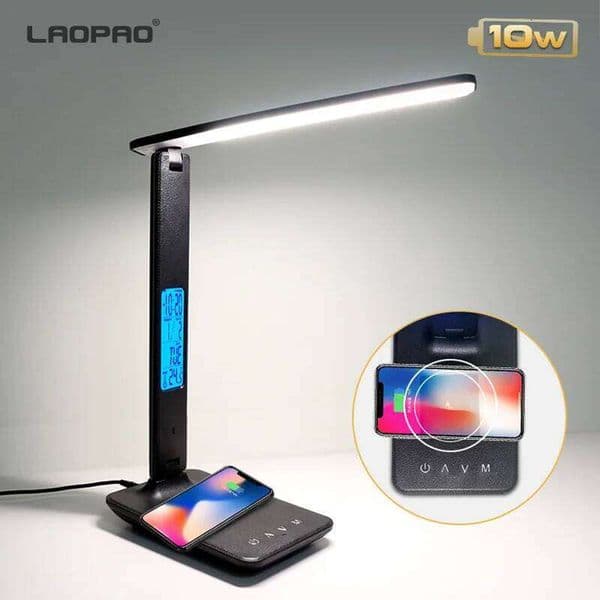 LAOPAO 10W QI Wireless Charging LED Desk With Calendar Temperature Alarm Clock Eye Protect Study Business Light Table Lamp 26L0318
