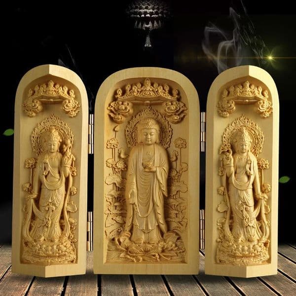 1Pc Exquisite Boxwood Carving Guanyin Buddha Statue Western Sansheng Wood Carving Crafts Home Decoration 260316