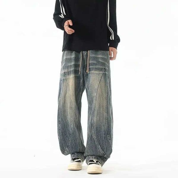Mens Spring And Autumn Casual Pants Large Loose Retro Washed Pants Water Ripple Split Splicing Jeans Straight Leg Wide Pants C260318