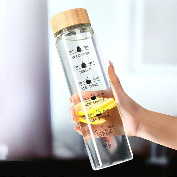700/1000ml Motivational Time Marker Glass Water Bottle with Bamboo Lid Borosilicate Glass Lemon Tea Cup With Filter 260316