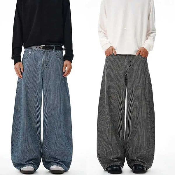 Autumn American Retro College Style Mens Striped Jeans Fashionable Loose Scimitar Wide-leg Pants Neutral Couple Baggy Trousers C260318
