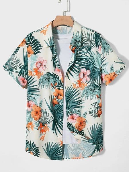 Hawaiian Botanical Flower Print Mens and Womens Short Sleeve Lapel Seaside Button-Down Shirt Top Casual Fashionable Shirts 260318