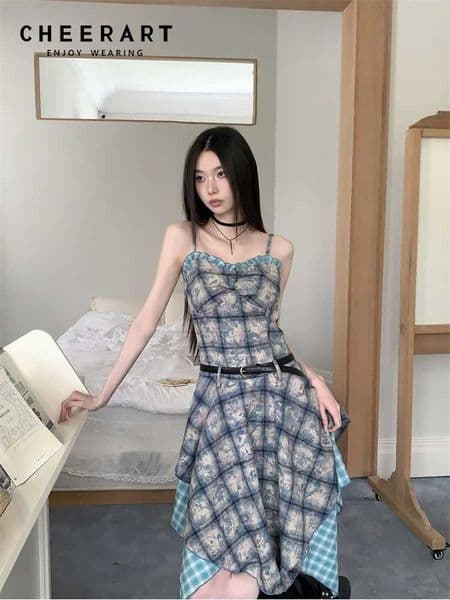 CHEERART Tie Dye Plaid Backless Asymmetrical Slip Dress 2025 Woman Blue Designer Sundress Patchwork Summer Dresses Clothing L260305