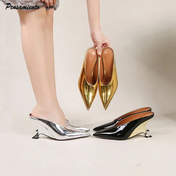 Fashion Platform Wedges High Heels Mule Women Slippers Concise Shallow Pointed Toe Party Dress Ladies Shoes 260318