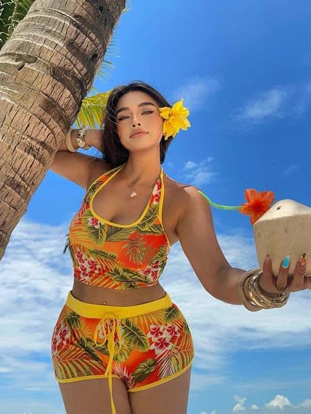 Ladies plus Size Tropical Vacation Fashion Print TieNeck Top And Sporty Casual Printed Shorts TwoPiece Set 260318