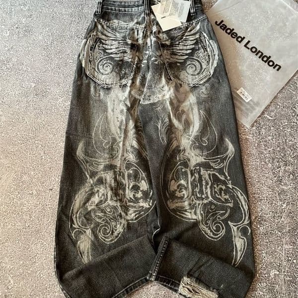 Y2K American Hole Oversized Printing Washed Old Casual Jeans Men Punk Fashion Vintage Hip Hop Wide Leg Pants 260313