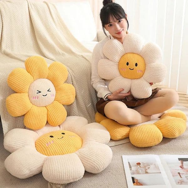 45cm Sunflower Plant Plush Pillow Stuffed Eyes Closed Open Kawaii Emotion Face 7-petal Flower Seat Cushion Sofa Chair Bed Gift 260318BJ