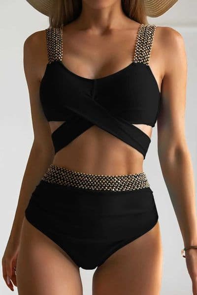 Cross High Waist Bikinis 2026 Women Black Swimwear Solid Swimsuit Female Beachwear Summer Bathers Bathing Suit SwimmingT260318