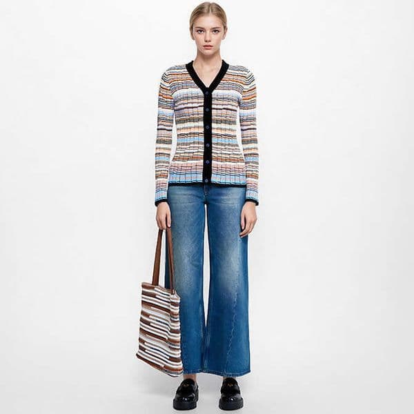 2026 Autumn/Winter Elegant Lady V-neck Long Sleeve Single breasted D17 Tencel Cotton Striped Knitted Cardigan