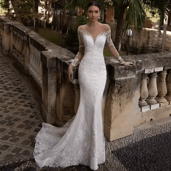 2026 Arabic Aso Ebi Plus Size Ivory Satin Mermaid Wedding Dresses Sequined Lace Sheer Neck Full Sleeves deep v Neck Bridal Gowns