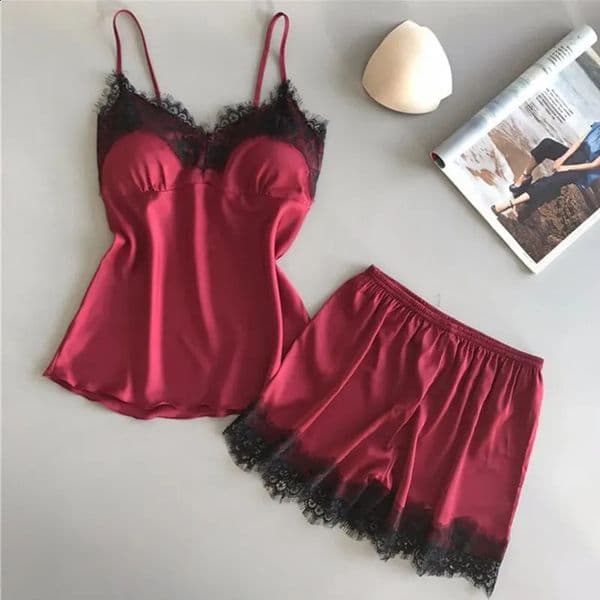 Women Pajama Suit Fashion V-Neck Lace Sexy Lingerie Pyjamas Sleep Shorts Set Sleepwear 260318