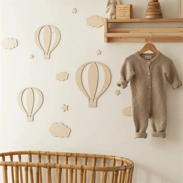 13Pcs Ins Wooden Air Balloon Cloud Star Set Wall Stickers Home Decoration Background Holiday Crafts Cute Boy and Girl Room Wo 260319