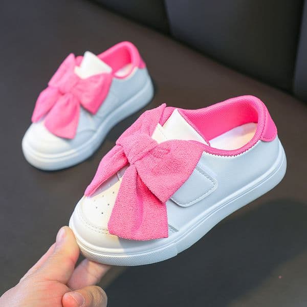 Free Shipping Girls Cute Bowknot Sneakers White Pink Casual Shoes Strap Closure Non-Slip Lightweight Kids Toddler Shoes Size22-30