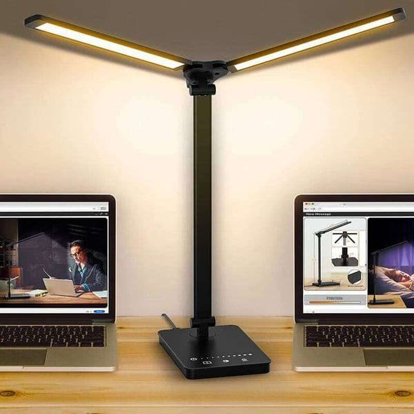 Double Head LED Desk Lamp,Dual Swing-arm Table for Home Office,5 Color Modes and 5 Dimmable,Modern Eye-Caring Piano Lamp 26H0319