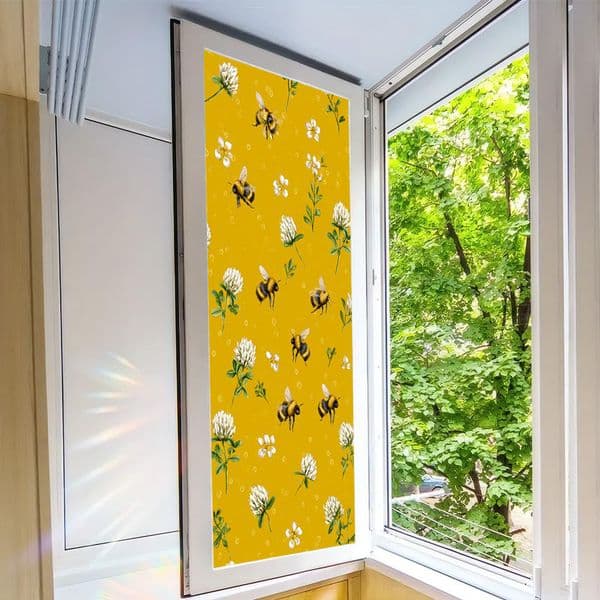 Yellow Bee Floral Static Window Cling | No Glue Reusable Sun Shade Glass Film for Privacy & Home Decoration