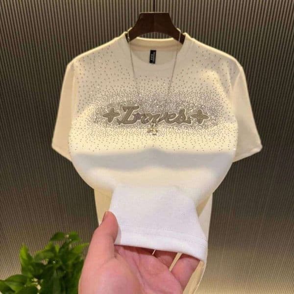 Summer Fashion Rhinestone Letter Round Neck Short Sleeve T-Shirt Versatile Base Layer Red Top Polyester Comfortable Casual Wear