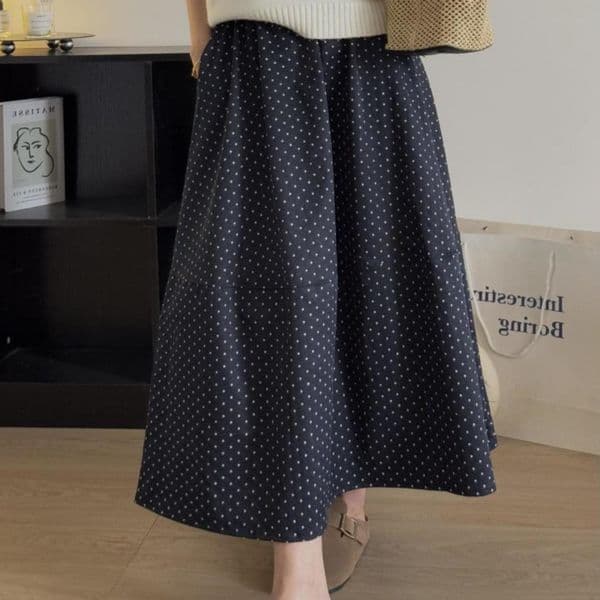 (1207) Artistic Retro White Polka Dot Skirt Umbrella Skirt Female Spring New All-match High Waist