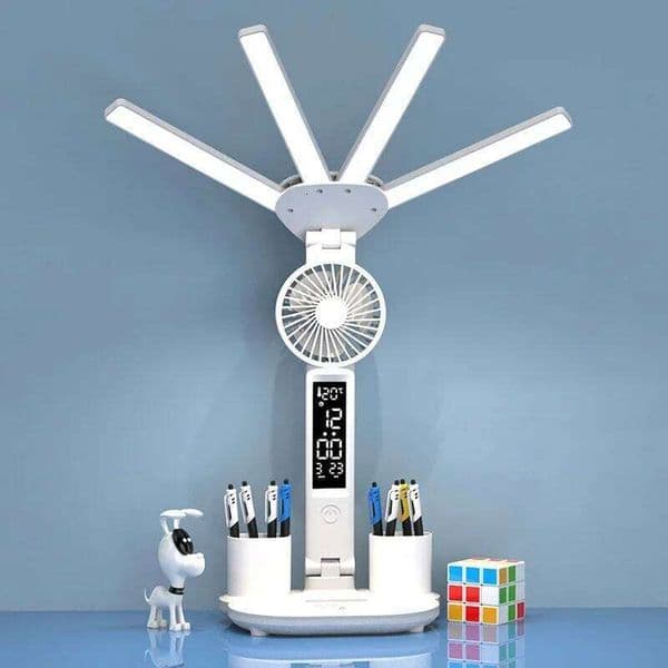 Multifunction 3 Color LED Table Four Headed Folding With Fan Clock Desk Lamp USB Charging Reading Night Light 26H0319