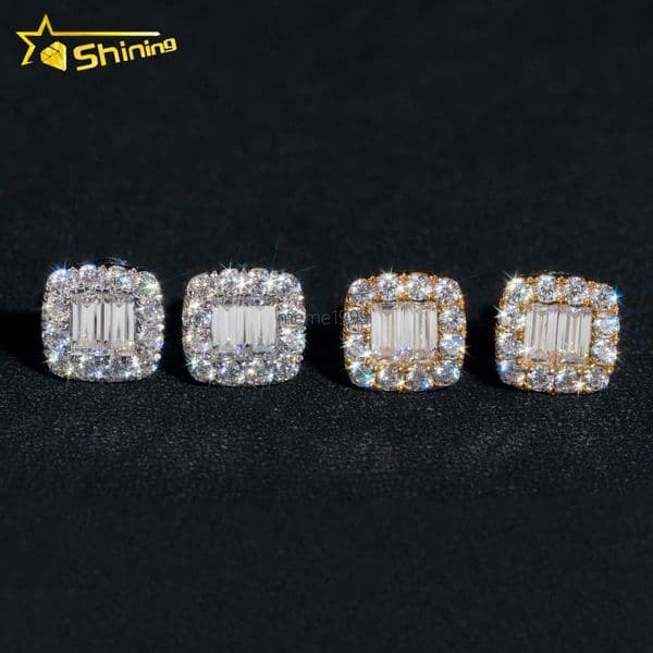 Trendy Vvs Moissanite Diamond Earrings Unisex Solid 10K Gold Jewelry baguette Cut Eat Studs Fine Jewelry Earrings