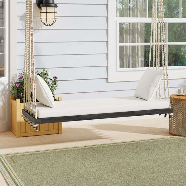 TOPMAX Patio Wooden Chair, Hanging Porch Swing Bench with Cushion&Pillows, 10.8Ft Hemp Ropes for Garden,Backyard, Lawn,Brown 6698